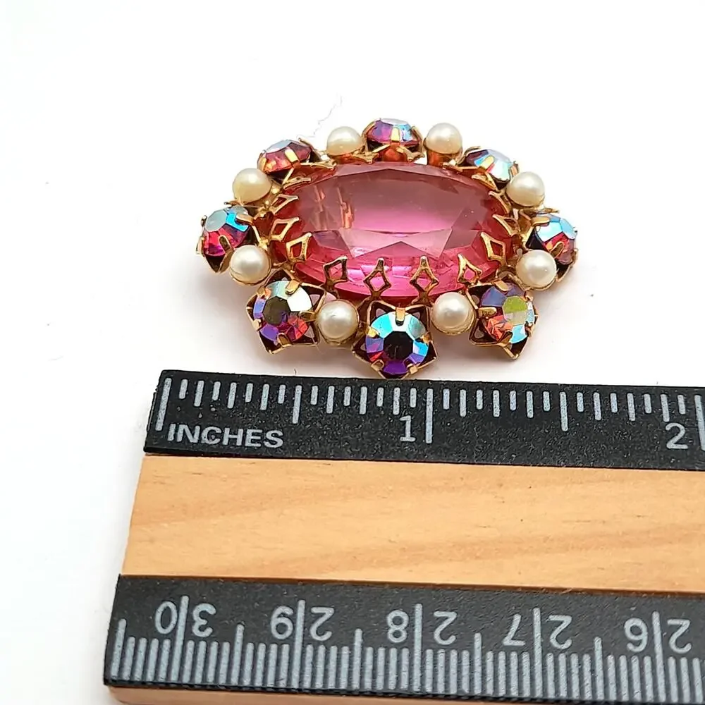 Vintage Signed JEWEL Pink Glass Brooch, Aurora Borealis Rhinestones, Faux Pearls